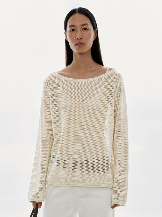 Scoop Neck Open Knitted Long Sleeve T-Shirts