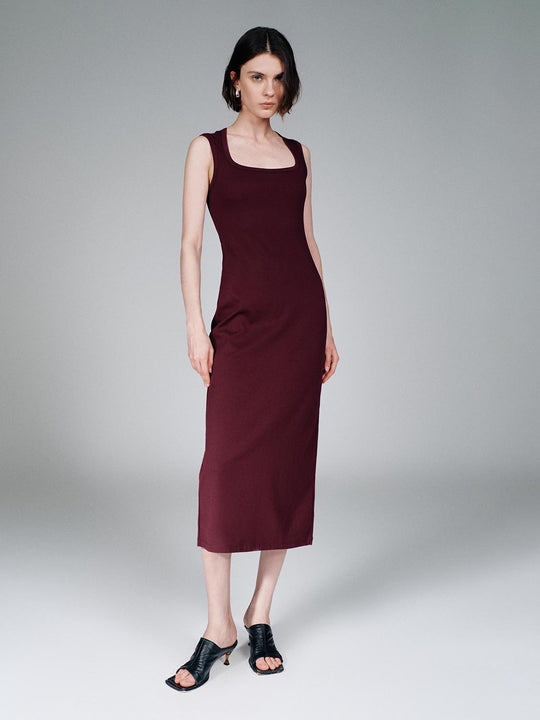 Sleeveless Square Neck Skinny Fit Cotton Midi Dress