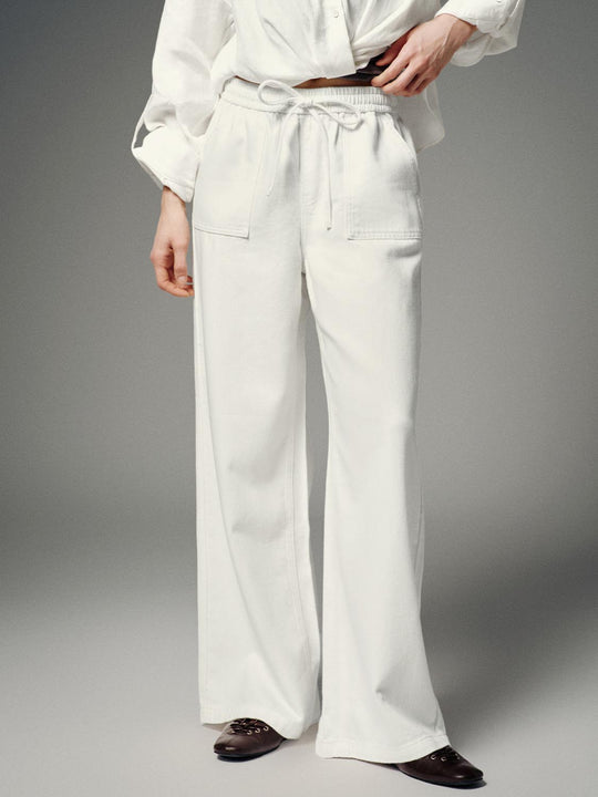 Drawstring Waist Patch Pocket Wide Leg Cotton Pants