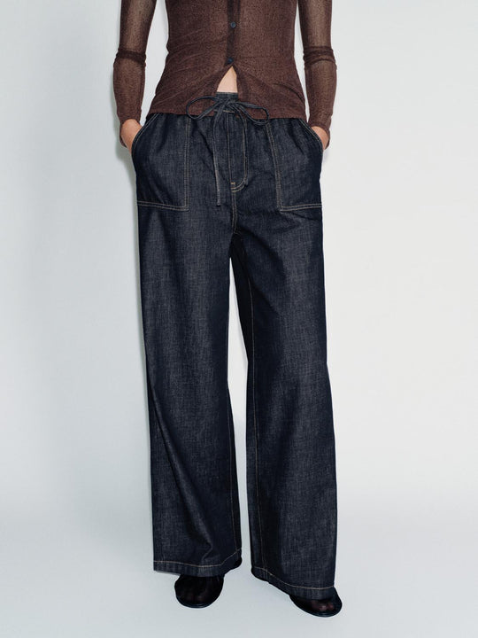 Drawstring Pull On Patch Pocket Wide Leg Jeans