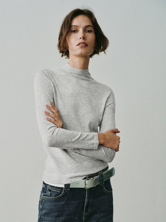 Heather Mock Neck Long Sleeve Knit T-Shirt
