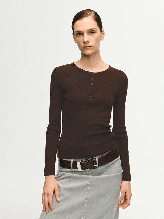 Slim Ribbed Button Front Long Sleeve T-Shirt