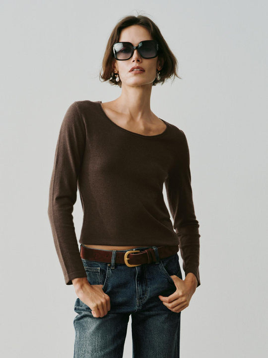 Thin Fitted Ribbed Boat Neck Short Sleeve Knit T-Shirt