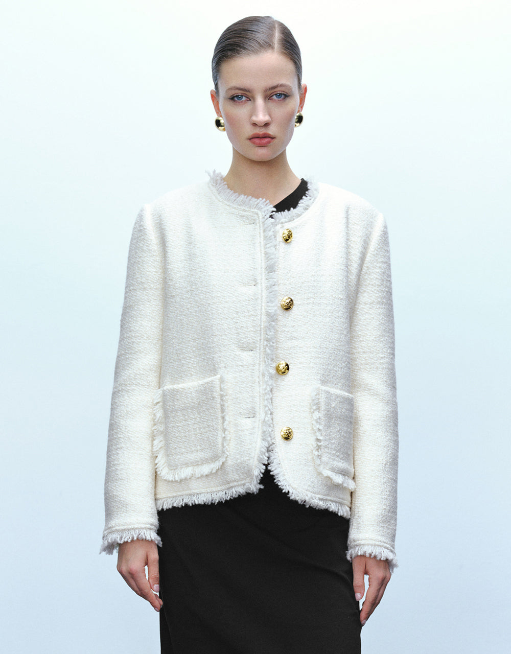 Tweed Raw Hem Crew Neck Jacket