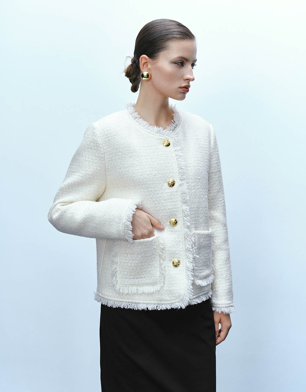Tweed Raw Hem Crew Neck Jacket