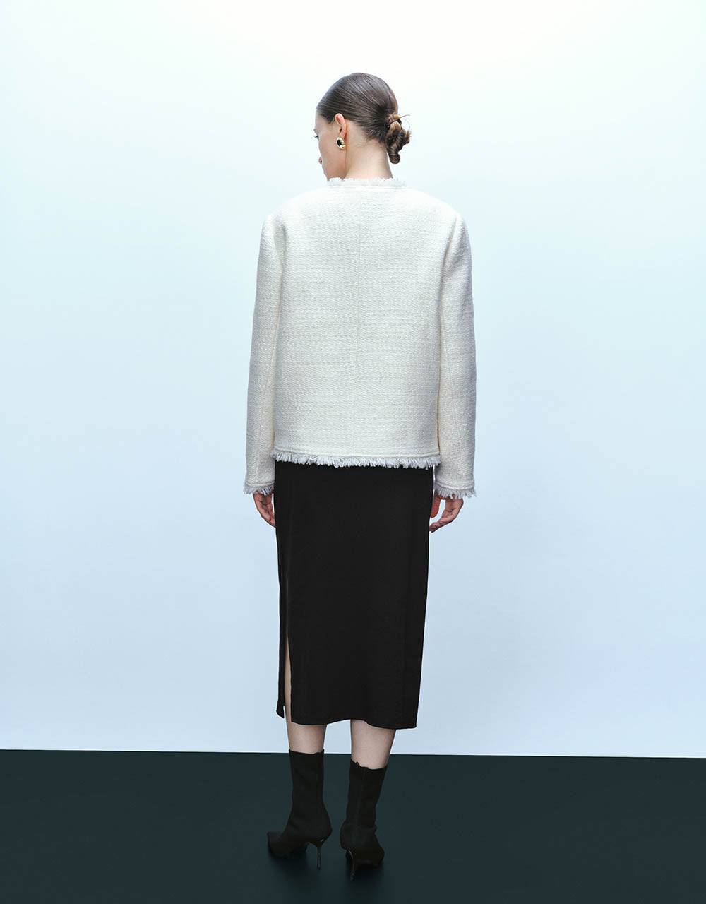 Tweed Raw Hem Crew Neck Jacket