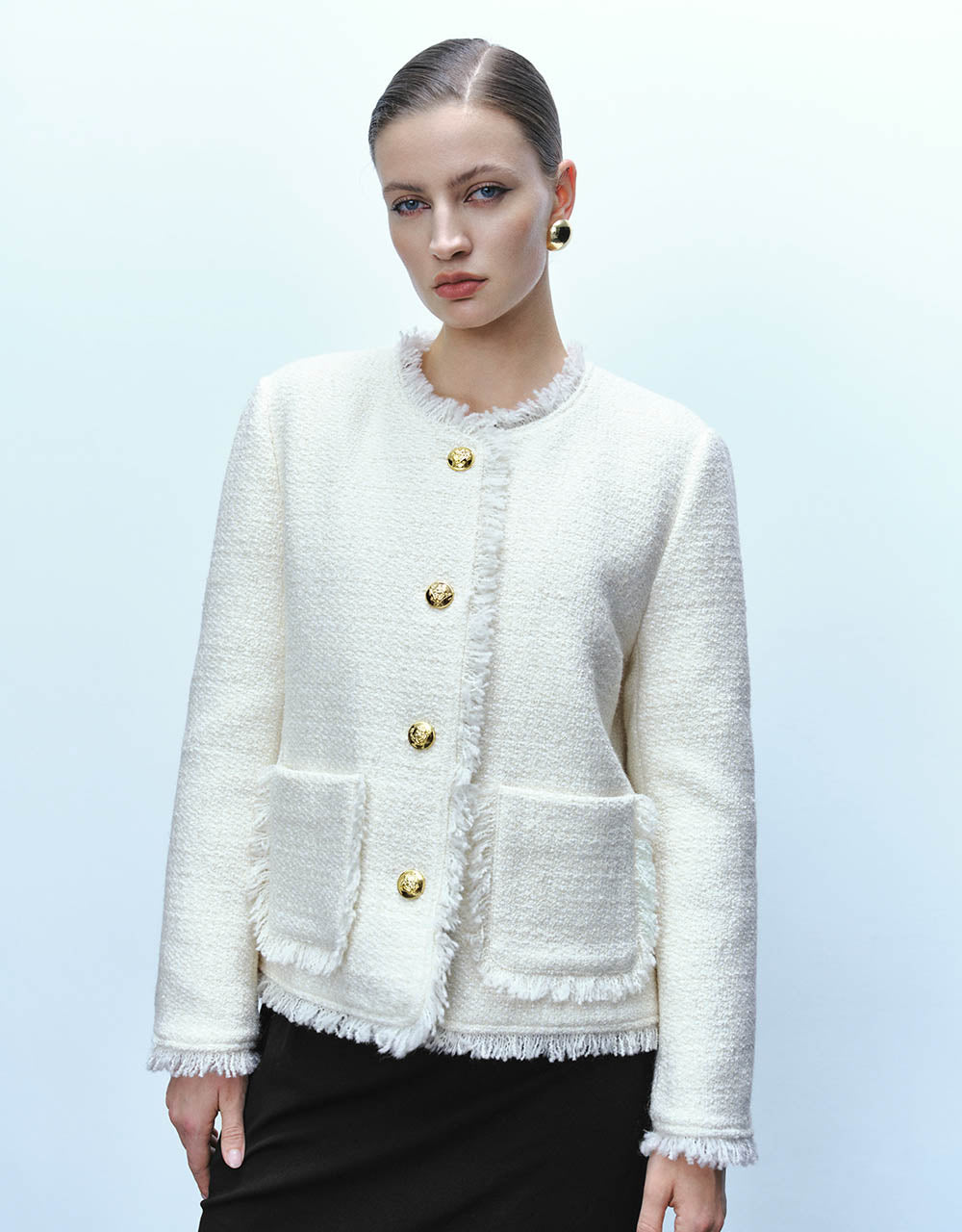 Tweed Raw Hem Crew Neck Jacket
