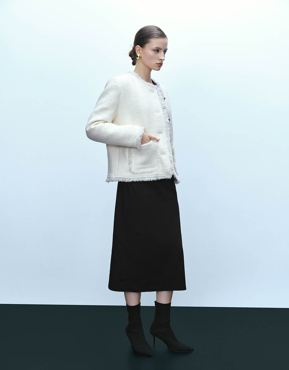 Tweed Raw Hem Crew Neck Jacket