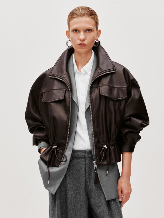 Lapel Collar Drawstring Pocket Leather Look Bomber Jacket