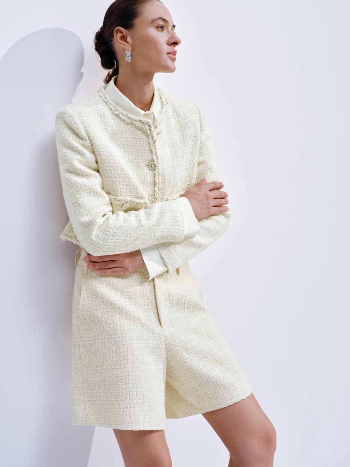 Patch Pockets Crew Neck Tweed Jackets