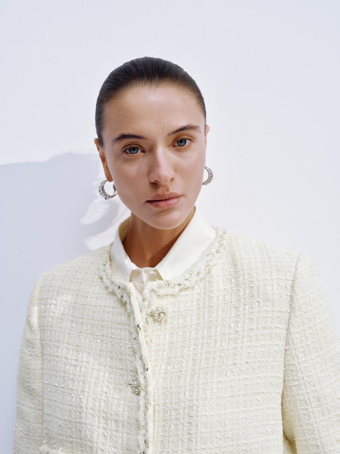 Patch Pockets Crew Neck Tweed Jackets