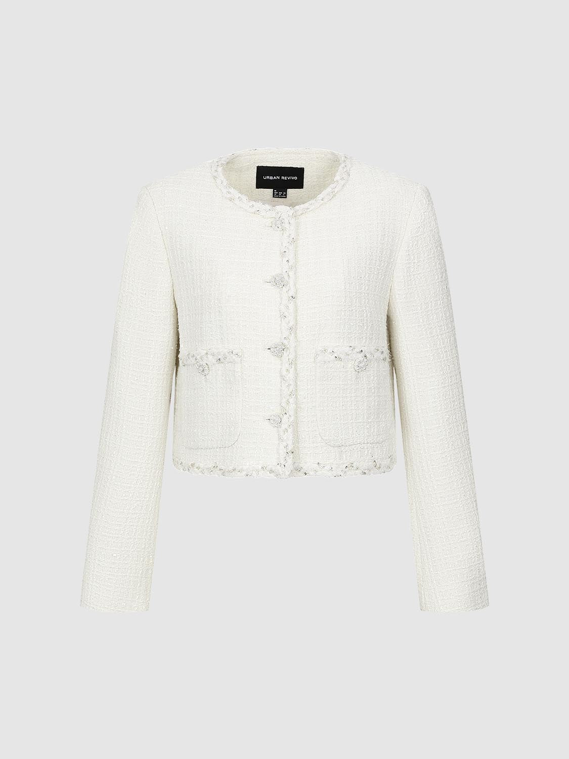 Patch Pockets Crew Neck Tweed Jackets