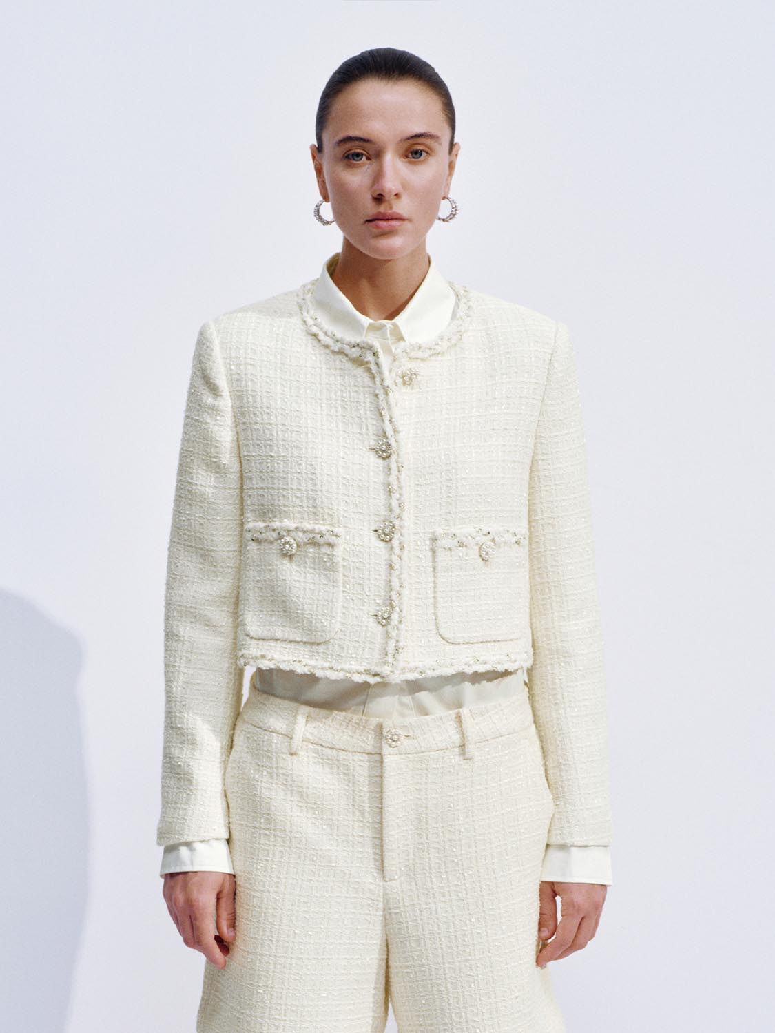 Patch Pockets Crew Neck Tweed Jackets