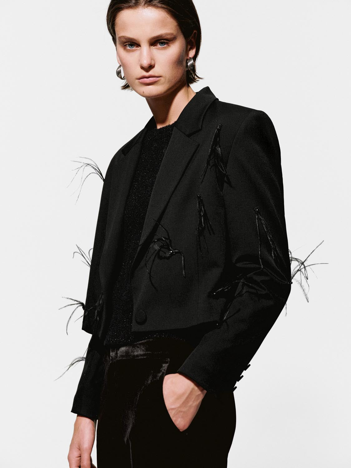 Feather Embellished Cropped Blazers