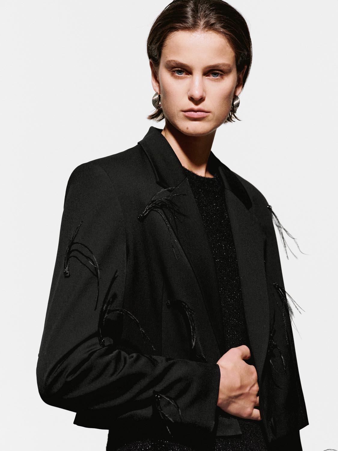 Feather Embellished Cropped Blazers