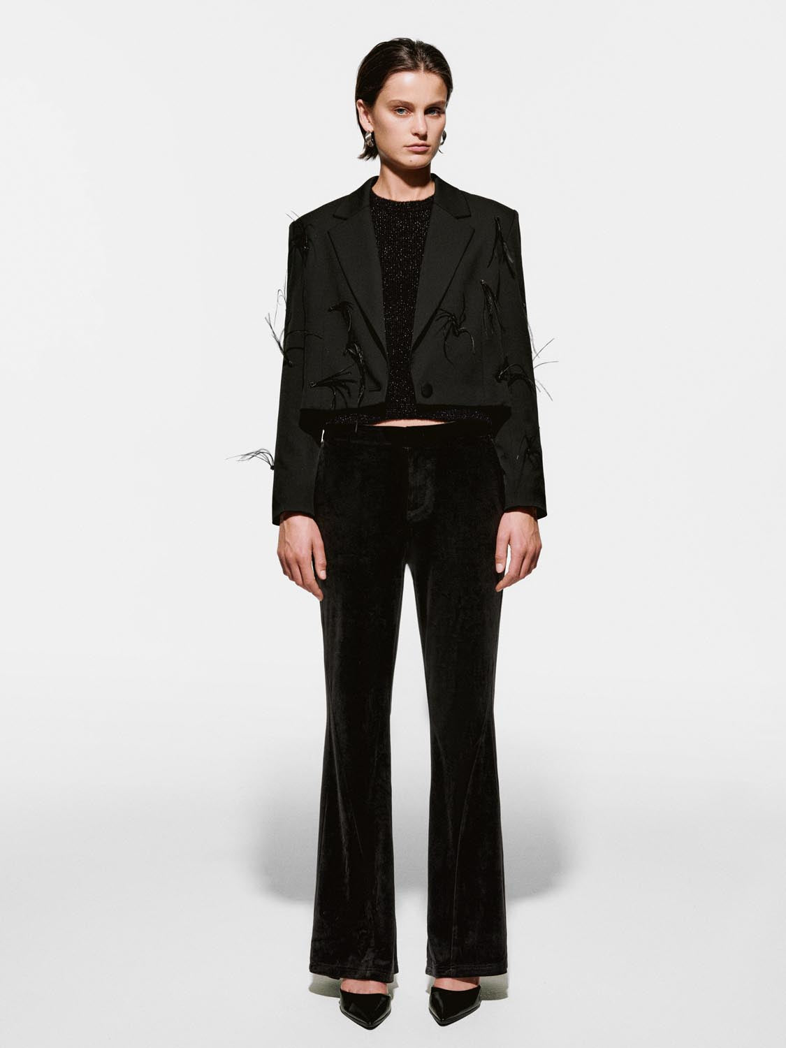 Feather Embellished Cropped Blazers