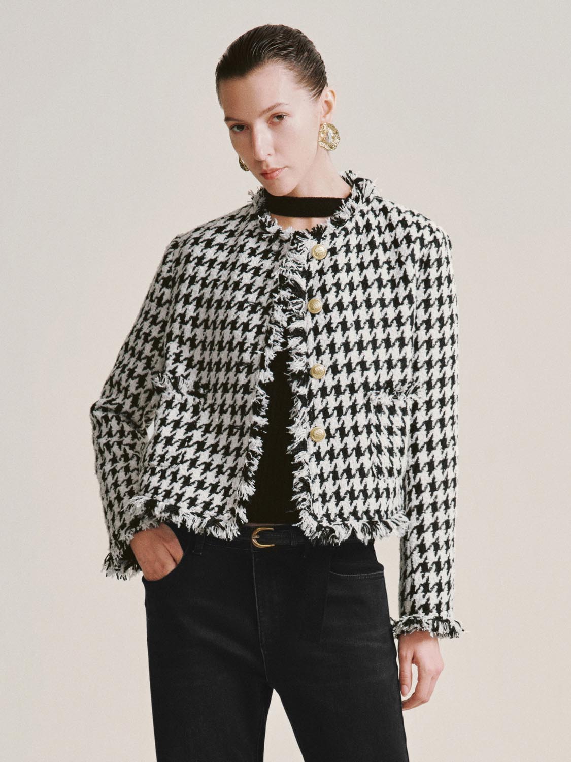 Houndstooth Raw Hem Tweed Jackets