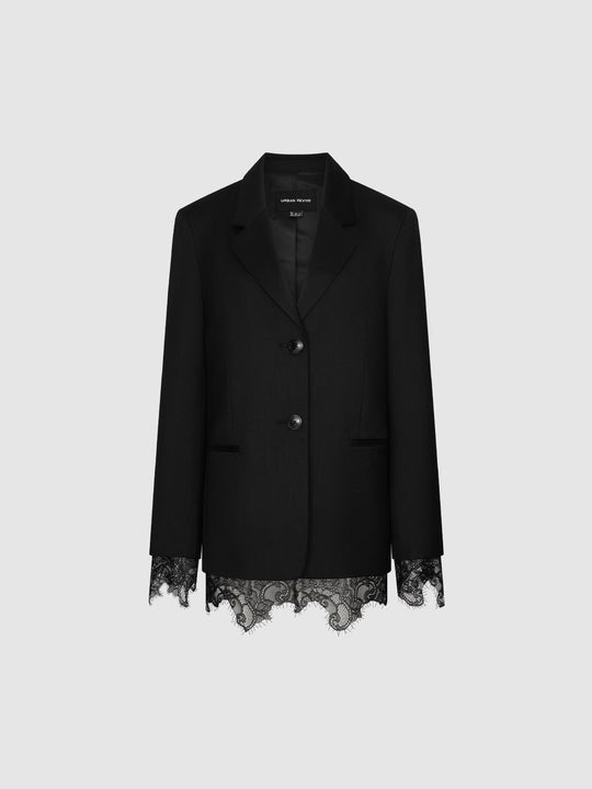 Lace Trim Hem Wool Polyester Blazer