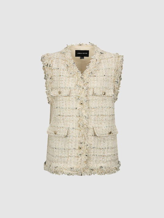Frayed Edge Flap Pocket Tweed Sleeveless Vest