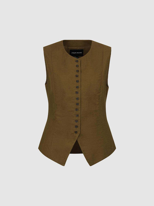 Buttoned Front Closure Tailored Asymmetric Hem Vest