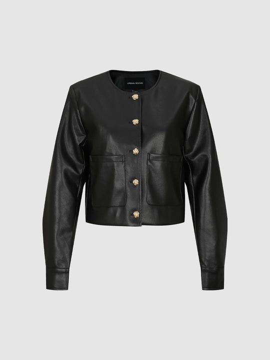 Long Sleeve Crew Neck Button Front Pocket Jacket