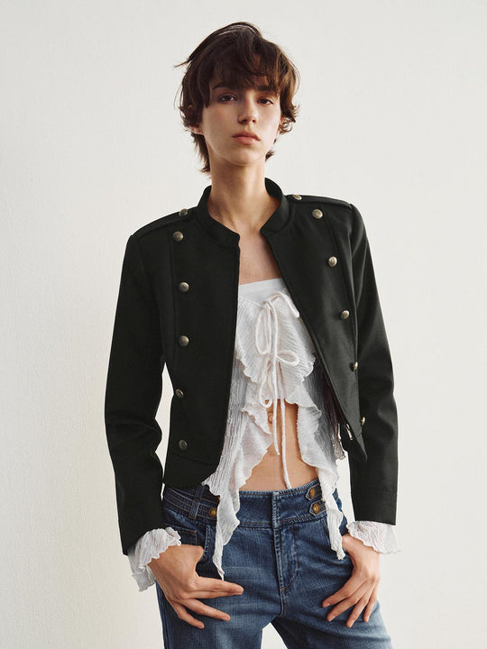 Black Stand Collar Epaulet Double-Breasted Button Jacket