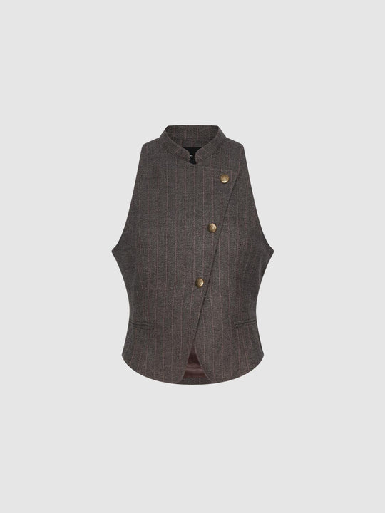 Striped Asymmetric Stand Collar Sleeveless Jacket