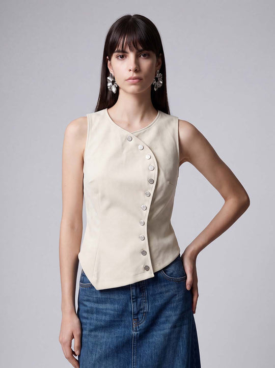 Fitted Asymmetric Button Front Sleeveless Vest