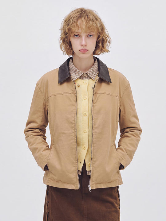 Tan Contrast Collar Cotton Blend Long Sleeve Jacket