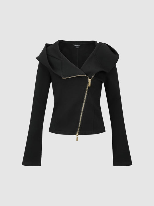 Asymmetrical Zip Hooded Long Sleeve Cotton Blend Hoodie