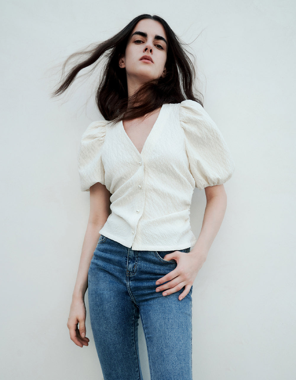 Textured Puff Sleeve V-Neck Shirt