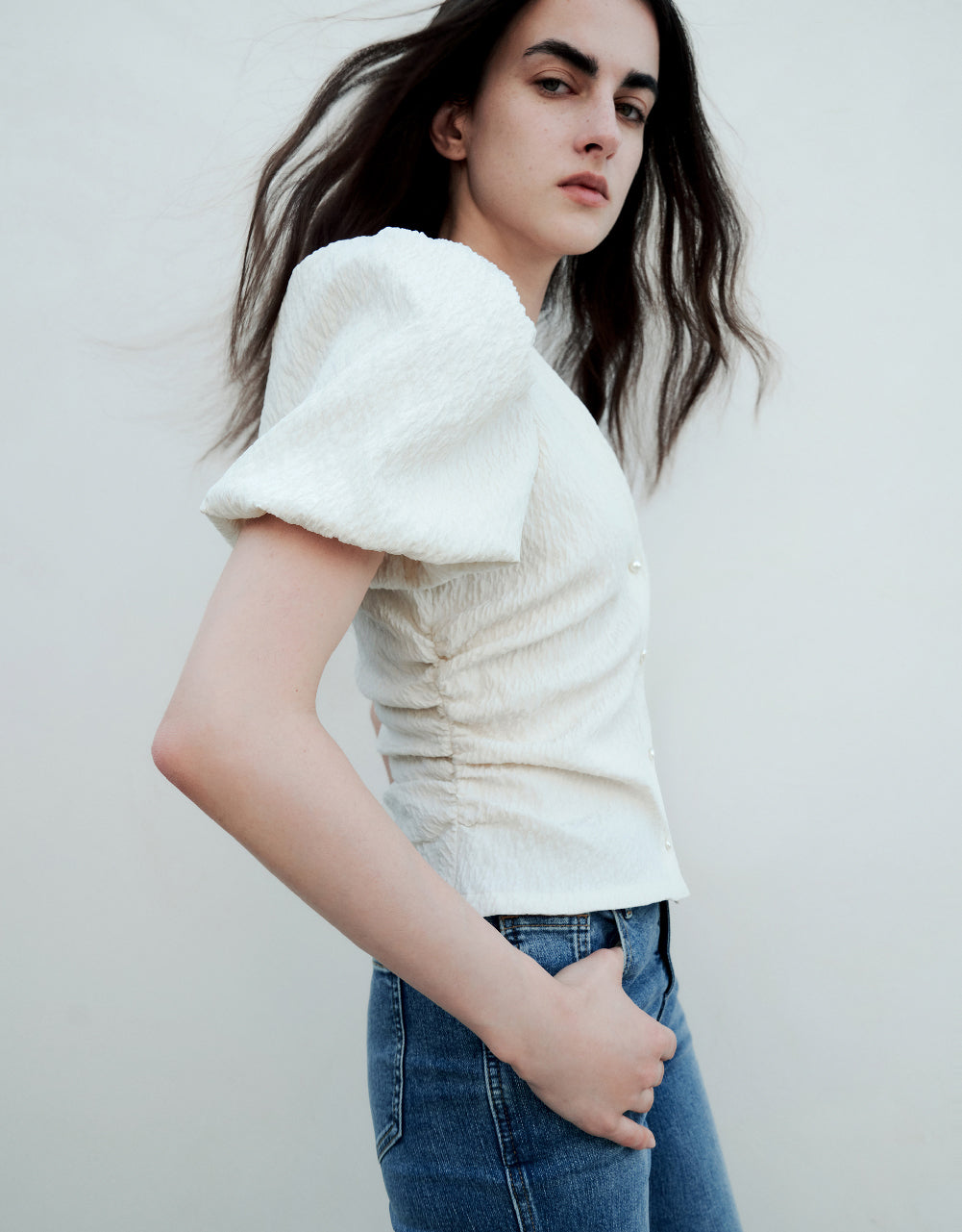 Textured Puff Sleeve V-Neck Shirt