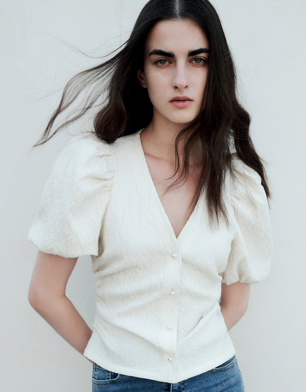 Textured Puff Sleeve V-Neck Shirt