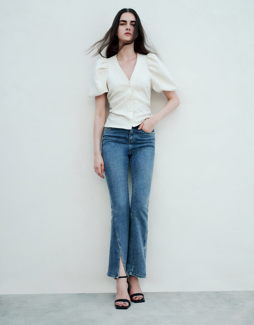 Textured Puff Sleeve V-Neck Shirt