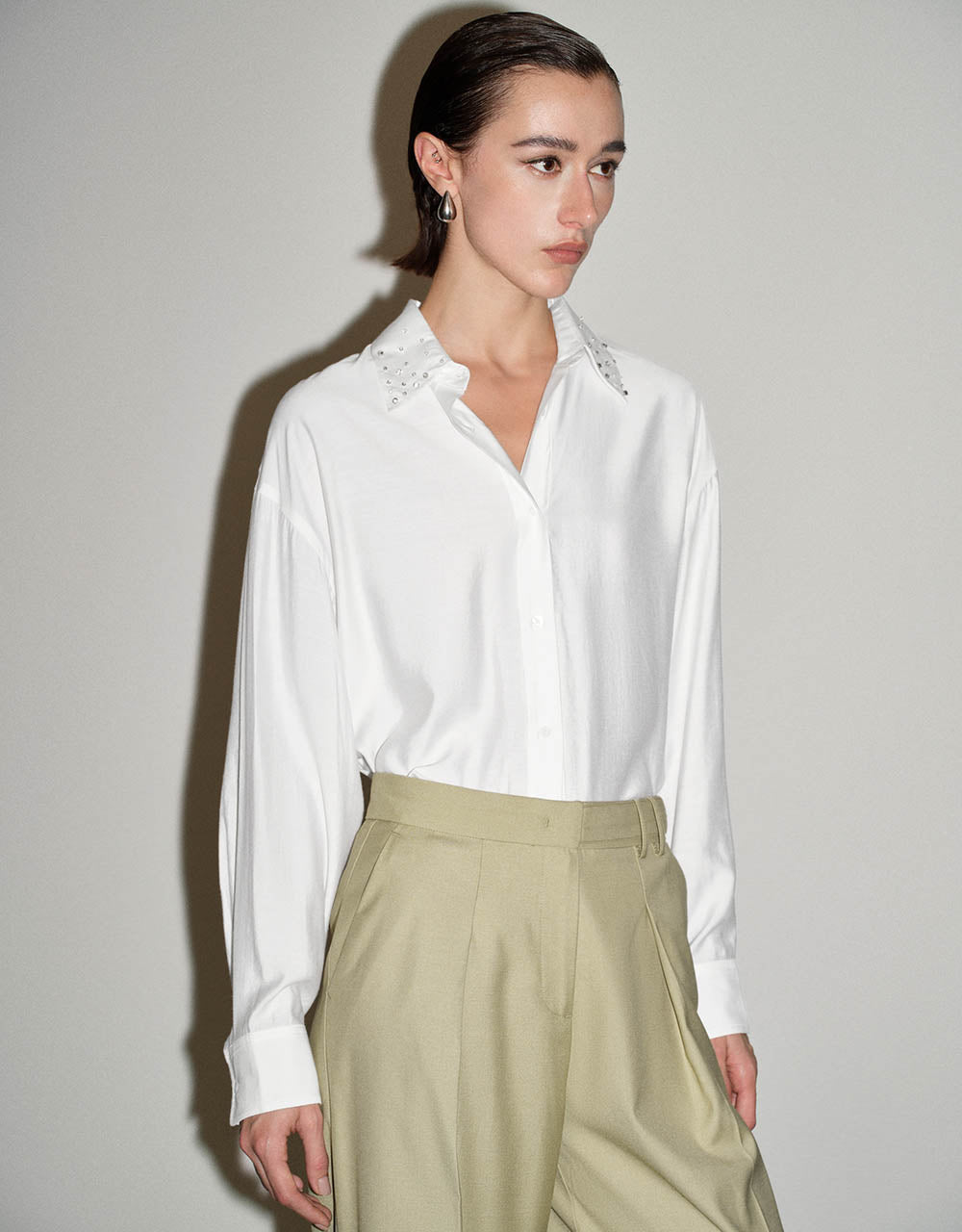 Rhinestone Décor Button Up Straight Shirt