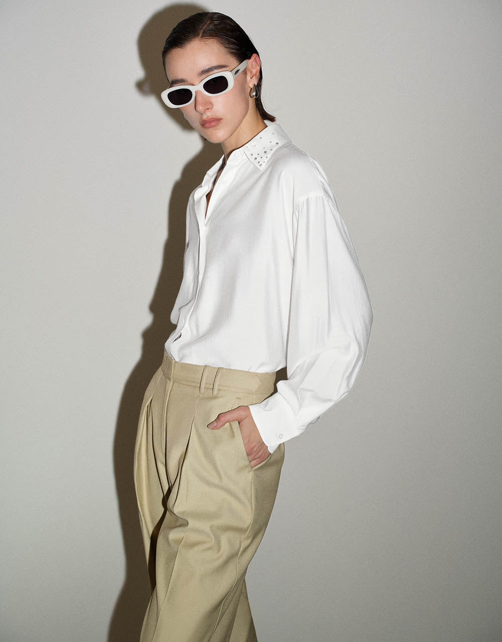 Rhinestone Décor Button Up Straight Shirt