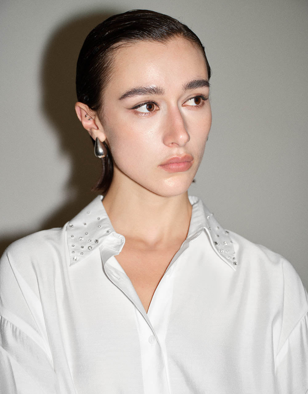 Rhinestone Décor Button Up Straight Shirt
