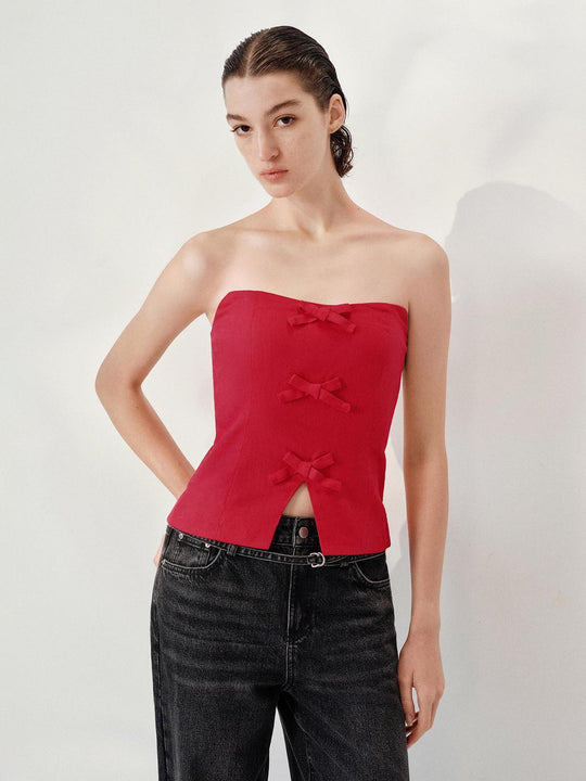 Strapless Tube Top Slit Hem Bow Decor Linen Tank Top
