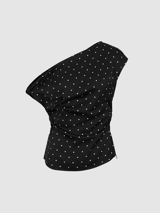 Asymmetrical One Shoulder Polka Dot Ruched Slim Fit Top