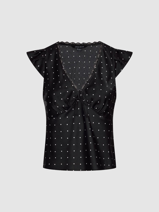 Lace Trim Polka Dot V-Neck Sleeveless Shirts