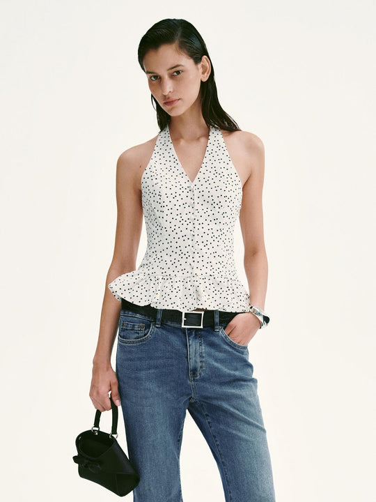 Polka Dot Halter Neck Ruffle Trim Cami Tops