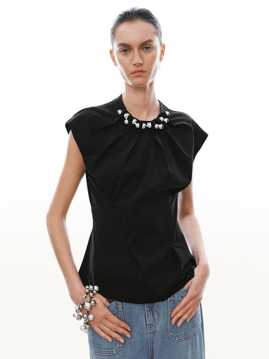 Pleat Detail Beaded Cap Sleeve Shirts