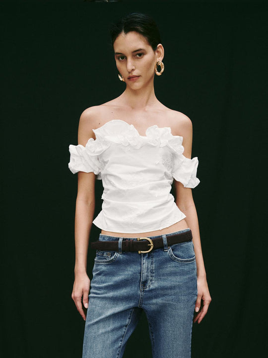 Ruffle Trim Embroidered Boat Neck Overhead Shirts