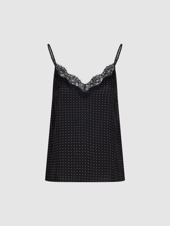 Polka-Dotted Strappy Lace Trim Cami Tops
