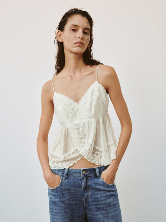 Lace Trim Strappy Cross Front Nipped-Waist Cami Tops