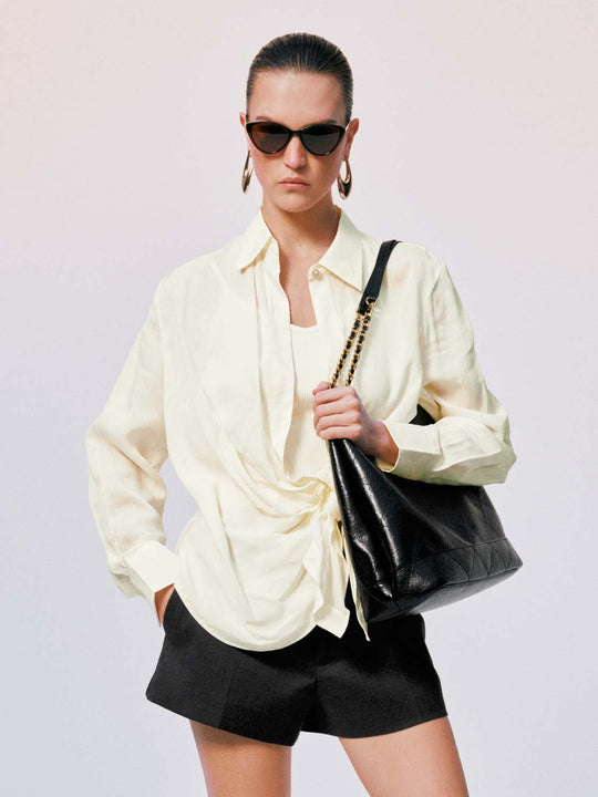Knot Front Silk Shirred Asymmetric Shirt