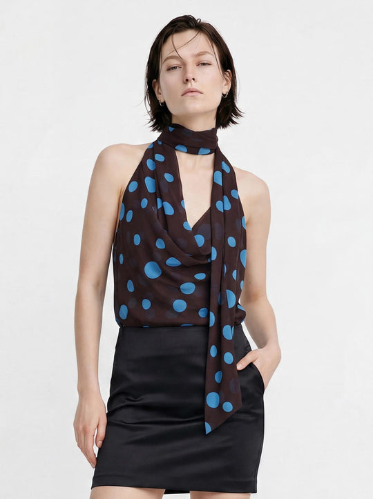 Silk Satin Scarf Detail Cowl Neck Sleeveless Cami Tops