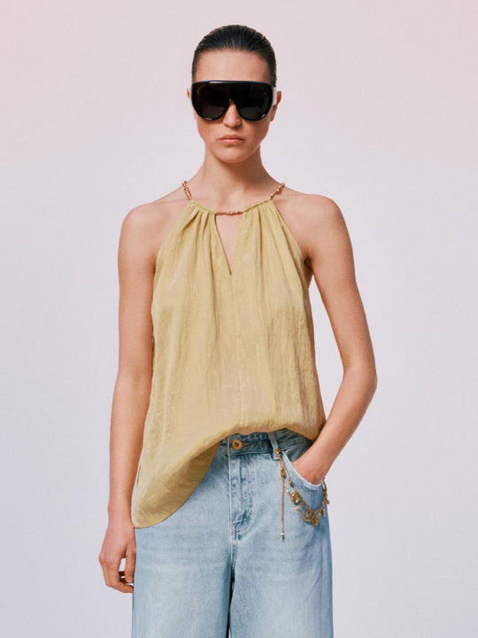 Lyocell Polyamide Blend Gathered Neckline Halter Top