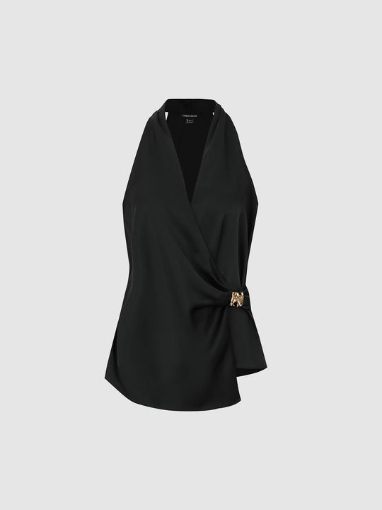 Gold Button Ruched V-Neck Sleeveless Overhead Shirts