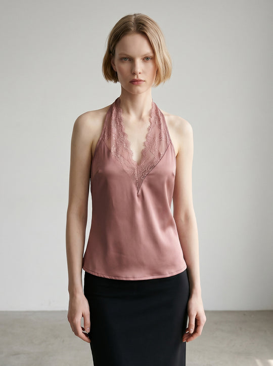 Slim Lace Panel Halter V Neck Curved Hem Satin Cami Top